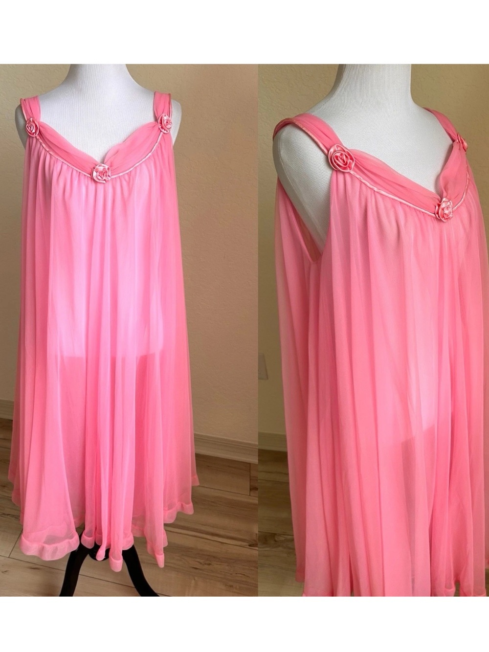 Vintage Double Layer Nylon FULL SHEER Chiffon Pink Nightgown Floral Unknown Size